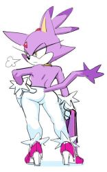 Rule 34 | 1girl, animal ears, blaze the cat, cat, cat ears, cat tail, female focus, from behind, full body, hand on own hip, looking back, pants, solo, sonic (series), standing, tail, watatanza, white background