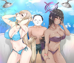 Rule 34 | 1boy, 2girls, aqua bikini, doodle sensei (blue archive), asuna (blue archive), bikini, black bikini, black hair, blue archive, breasts, cleavage, clothed bath, commentary request, fingernails, halo, highres, karin (blue archive), large breasts, light brown hair, looking at viewer, multiple girls, murabito c, nail polish, navel, o-ring, o-ring bikini, palm tree, sensei (blue archive), side-tie bikini bottom, stomach, strapless, strapless bikini, string bikini, swimsuit, topless male, tree, water drop