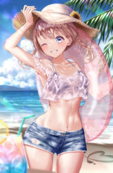 Rule 34 | 1girl, :d, absurdres, arm up, beach, bikini, bikini top only, bikini under clothes, blonde hair, blurry, blush, breasts, camisole, collarbone, cowboy shot, crop top, cutoffs, day, denim, denim shorts, depth of field, drinking straw, flower, frills, glass, hair ornament, hairclip, hand on headwear, hat, hat flower, highres, holding, holding swim ring, innertube, lens flare, light particles, looking at viewer, md5 mismatch, midriff, mountainous horizon, navel, open mouth, original, outdoors, over shoulder, palm leaf, purple bikini, resolution mismatch, sand, sand writing, see-through, short shorts, shorts, small breasts, smile, solo, source smaller, standing, straw hat, sunflower, sunlight, swim ring, swimsuit, teira (fxrw4548), transparent, twintails, white camisole, wide hips