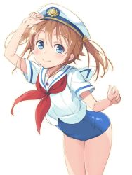 Rule 34 | 10s, 1girl, arm up, blue eyes, brown hair, covered navel, cowboy shot, hand on headwear, hat, high school fleet, highres, leaning forward, looking at viewer, michairu, misaki akeno, neckerchief, one-piece swimsuit, peaked cap, school swimsuit, school uniform, serafuku, short sleeves, simple background, smile, solo, swimsuit, swimsuit under clothes, twintails, white background