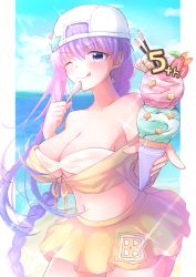 Rule 34 | 1girl, absurdres, backwards hat, bandeau, bare shoulders, baseball cap, bb (fate), bb (fate) (all), bb (swimsuit mooncancer) (fate), bb (swimsuit mooncancer) (first ascension) (fate), beach, blue sky, blush, braid, breasts, cleavage, closed mouth, collarbone, cropped jacket, day, fate/grand order, fate (series), food, fruit, hat, highres, ice cream, jacket, large breasts, licking lips, long hair, long sleeves, looking at viewer, miniskirt, navel, one eye closed, outdoors, pocky, purple eyes, purple hair, single braid, skirt, sky, smile, solo, sparkle, spoon, strawberry, tongue, tongue out, utaso (satsuo), very long hair, wafer, white hat, yellow jacket, yellow skirt