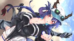 Rule 34 | 1girl, ^^^, absurdres, arknights, baseball cap, black jacket, blue hair, blue sky, breasts, ch&#039;en (arknights), ch&#039;en the holungday (arknights), cleavage, commentary request, cowboy shot, day, dragon horns, folded ponytail, hair between eyes, hat, highres, holding, horns, horns through headwear, jacket, kurarome, large breasts, long hair, long sleeves, parted lips, red eyes, sky, solo, standing, white hat