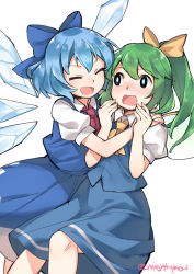Rule 34 | 2girls, :d, ^ ^, ascot, blue hair, blush, bow, cirno, closed eyes, daiyousei, dress, fairy wings, ge-b, green hair, hair bow, hair ribbon, hug, ice, ice wings, long hair, multiple girls, open mouth, ribbon, short hair, short sleeves, side ponytail, simple background, smile, touhou, twitter username, wavy mouth, white background, wings