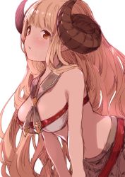 Rule 34 | 10s, 1girl, :o, ahoge, anila (granblue fantasy), blonde hair, blush, breasts, brown eyes, draph, en@rain, eyebrows, female focus, granblue fantasy, highres, horns, large breasts, leaning forward, long hair, looking at viewer, md5 mismatch, resized, resolution mismatch, sheep horns, simple background, solo, source larger, upper body, very long hair, white background