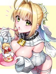Rule 34 | 1girl, ahoge, bare shoulders, blonde hair, blush, breasts, cake, chain, cleavage, detached collar, detached sleeves, eating, elbow gloves, fate/extra, fate/extra ccc, fate/grand order, fate (series), flower wreath, food, fruit, full-length zipper, gloves, green eyes, hair between eyes, hair intakes, head wreath, highleg, highleg leotard, highres, large breasts, leotard, lock, long hair, looking at viewer, nero claudius (bride) (fate), nero claudius (bride) (second ascension) (fate), nero claudius (fate), nero claudius (fate) (all), nero claudius (fate/extra), open mouth, padlock, plate, puffy sleeves, spoon, strawberry, strawberry shortcake, thighhighs, thighs, veil, white gloves, white leotard, white thighhighs, wide sleeves, yayoi maka, zipper, zipper pull tab