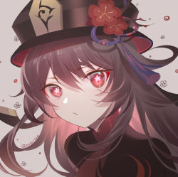Rule 34 | 1girl, brown coat, brown hair, brown hat, closed mouth, coat, collared coat, commentary request, flower, flower-shaped pupils, genshin impact, grey background, hair between eyes, hat, hat flower, highres, hu tao (genshin impact), joannne, long hair, looking at viewer, plum blossoms, porkpie hat, portrait, red eyes, simple background, solo, symbol-shaped pupils, twitter username