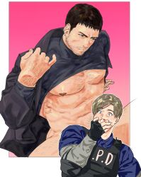 Rule 34 | 123456dyom, 2boys, absurdres, bara, bare pectorals, black coat, black gloves, black hair, blue shirt, blush, brown hair, bulletproof vest, chris redfield, clothes lift, coat, convenient censoring, crying, crying with eyes open, facial hair, fingerless gloves, gloves, grey shirt, highres, large pectorals, leon s. kennedy, male focus, multiple boys, muscular, muscular male, naked shirt, open clothes, pectorals, resident evil, resident evil 2, resident evil village, shirt, shirt lift, short hair, tears, yaoi
