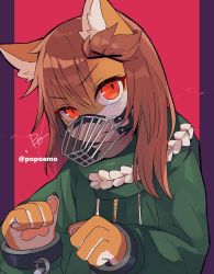 Rule 34 | 1girl, animal ears, bangs pinned back, brown hair, clenched hands, closed mouth, coat, cuffs, female focus, fox ears, fox girl, furry, furry female, green coat, hair ornament, highres, looking at viewer, muzzle, original, pawpads, po! (popoemo), red eyes, shackles, signature, solo, twitter username, x hair ornament