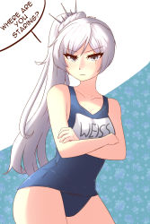 Rule 34 | 1girl, absurdres, crossed arms, english text, grey eyes, highres, long hair, name tag, old school swimsuit, one-piece swimsuit, ponytail, rwby, scar, scar across eye, scar on face, school swimsuit, solo, swimsuit, weiss schnee, white hair, z666ful