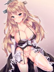 Rule 34 | 1girl, abyss horizon, black skirt, blonde hair, blue eyes, blush, breasts, cleavage, collarbone, corset, cross-laced clothes, elbow gloves, fukuda shuushi, garter belt, garter straps, gloves, highres, hip focus, lace, lace-trimmed legwear, lace trim, large breasts, leg up, long hair, looking at viewer, navel, panties, skirt, smile, solo, strap pull, thighhighs, thighs, underwear, warspite (abyss horizon), white gloves, white thighhighs