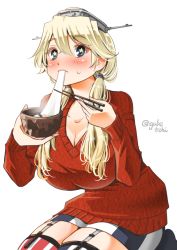 Rule 34 | 1girl, asymmetrical legwear, blonde hair, blue eyes, blush, bowl, breasts, chopsticks, cleavage, garter straps, headgear, highres, iowa (kancolle), kantai collection, kneeling, large breasts, long hair, miniskirt, mismatched legwear, red sweater, seiza, simple background, sitting, skirt, sogabe toshinori, solo, star-shaped pupils, star (symbol), striped clothes, striped thighhighs, sweater, symbol-shaped pupils, thighhighs, twitter username, vertical-striped clothes, vertical-striped thighhighs, white background, zouni soup