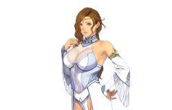 Rule 34 | 1girl, armpits, bare shoulders, breasts, brown hair, cleavage, closed mouth, cowboy shot, detached collar, detached sleeves, earrings, female focus, hand on own hip, hand on own chest, hand up, homare (fool&#039;s art), jewelry, large breasts, long hair, looking at viewer, oku-sama no kaifuku jutsu, original, panties, pink eyes, ring, simple background, solo, standing, transparent background, underwear, wedding band