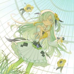 Rule 34 | 1girl, bare shoulders, birdcage, black bow, blonde hair, bow, bowtie, cage, choker, collarbone, detached sleeves, dress, dutch angle, familiar, feet out of frame, floating hair, flower, frilled dress, frills, grass, green pantyhose, grey eyes, grey hair, grin, hair flower, hair ornament, hair over one eye, hand up, highres, holding, holding microphone, isekai joucho, kamitsubaki studio, long hair, looking at viewer, microphone, multicolored clothes, multicolored dress, multicolored hair, one side up, outstretched hand, pantyhose, reaching, reaching towards viewer, shu que zhi wu yuan, smile, solo, strapless, strapless dress, streaked hair, virtual youtuber, waist bow, white bow, white bowtie, white choker, white dress, wide sleeves, yellow dress, yellow flower