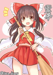 Rule 34 | 1girl, :d, ascot, bow, broom, brown eyes, brown hair, commentary request, detached sleeves, hair bow, hair tubes, hakurei reimu, long hair, looking at viewer, midriff, open mouth, red bow, red skirt, sketch, skirt, smile, solo, sou (soutennkouchi), standing, touhou, translation request, twitter username, yellow ascot