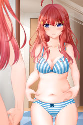 Rule 34 | 1girl, ahoge, belly, belly grab, blue eyes, blush, bra, breasts, collarbone, frown, furrowed brow, gluteal fold, go-toubun no hanayome, hair ornament, hands on own stomach, highres, indoors, long hair, medium breasts, mirror, nakano itsuki, navel, panties, pinching, plump, red hair, reflection, skindentation, star (symbol), star hair ornament, stomach, striped bra, striped clothes, striped panties, sweatdrop, umino haruka (harukaumino6), underwear, underwear only, weight conscious