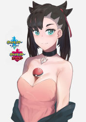 Rule 34 | 1girl, absurdres, aqua eyes, bad id, bad pixiv id, between breasts, black hair, blush, breasts, choker, cleavage, closed mouth, creatures (company), dress, game freak, half-closed eyes, highres, jacket, looking at viewer, marnie (pokemon), nintendo, off shoulder, pink dress, poke ball, poke ball (basic), pokemon, pokemon swsh, rotogaki, short twintails, sleeveless, sleeveless dress, smile, strapless, strapless dress, twintails, upper body
