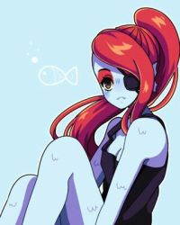 Rule 34 | 1girl, blue skin, colored skin, eyepatch, fangs, female focus, long hair, lowres, red hair, shirt, simple background, solo, undertale, undyne