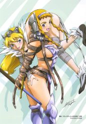 Rule 34 | 00s, 2girls, :p, armor, ass, ass grab, blonde hair, blue eyes, blush, braid, breasts, captain of the royal guard elina, carrying, carrying over shoulder, earrings, elina (queen&#039;s blade), elina (queen's blade), exiled warrior leina, gloves, hair ornament, highres, hisayuki hirokazu, holding, holding sword, holding weapon, jewelry, leina (queen&#039;s blade), leina (queen's blade), long hair, multiple girls, official art, open mouth, queen&#039;s blade, revealing clothes, scan, siblings, sideboob, sisters, sword, thong, tongue, tongue out, twin braids, weapon, wide hips