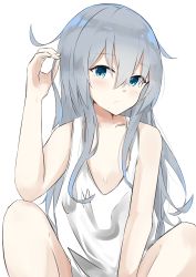 Rule 34 | 1girl, absurdres, alternate costume, bare shoulders, blue eyes, evening rabbit, hair between eyes, hibiki (kancolle), highres, kantai collection, long hair, looking at viewer, silver hair, simple background, sitting, sleeveless, solo, tank top, white background