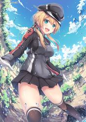 Rule 34 | 1girl, anchor hair ornament, aqua eyes, black ribbon, blonde hair, cloud, cloudy sky, cross, day, fisheye, gloves, gluteal fold, hair ornament, hat, highres, iron cross, kantai collection, kneehighs, long hair, long sleeves, low twintails, military, military hat, military uniform, peaked cap, pleated skirt, prinz eugen (kancolle), ribbon, shirakawako, skirt, sky, socks, solo, splashing, thighhighs, twintails, uniform, water, white gloves