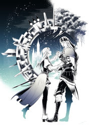 Rule 34 | 1boy, 1girl, absurdres, alicia (valkyrie profile 2), amatari sukuzakki, bandana, belt, blue background, boots, capelet, castle, circle, cross-laced footwear, earrings, gauntlets, glowing, gradient background, greyscale, greyscale with colored background, grin, hand grab, headband, height difference, high heel boots, high heels, highres, jewelry, knee guards, lace-up boots, long hair, looking at another, monochrome, plant, river, rufus (valkyrie profile), sheath, sheathed, sidelocks, silhouette, skirt, smile, standing, star (symbol), starry background, sword, tree, valkyrie profile (series), valkyrie profile 2: silmeria, very long hair, vines, walking, weapon
