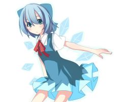 Rule 34 | 1girl, blue eyes, blue hair, bow, cirno, dress, hair bow, ice, matching hair/eyes, short hair, simple background, solo, somnium, touhou, white background, wings
