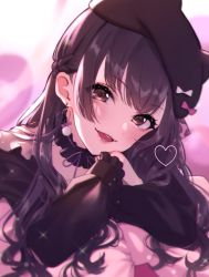 Rule 34 | 1girl, :d, animal hat, black hair, black hat, bow, braid, brown eyes, cat hat, commentary, crossed arms, detached collar, earrings, frilled sleeves, frills, hat, hat bow, head tilt, heart, heart earrings, idolmaster, idolmaster shiny colors, jewelry, long hair, long sleeves, looking at viewer, magako, mayuzumi fuyuko, neck ribbon, open mouth, pink bow, pom pom (clothes), pom pom earrings, purple ribbon, ribbon, smile, solo, sparkle, white bow