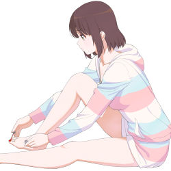 Rule 34 | 1girl, applying pedicure, barefoot, brown eyes, brown hair, commentary request, fingernails, foot out of frame, hands on feet, holding, hood, hood down, hoodie, katou megumi, long sleeves, looking away, nail polish, painting nails, painting toenails, profile, red nails, saenai heroine no sodatekata, short hair, shorts, simple background, sitting, solo, toenail polish, toenails, toes, white background