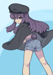 Rule 34 | 1girl, ass, black headwear, blue background, blue shorts, feet out of frame, from behind, kuizhi (the legend of luoxiaohei), long sleeves, looking at viewer, luo xiaohei zhanji, purple hair, rkp, shadow, shorts, signature, smile, solo, tail
