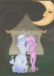 Rule 34 | 2girls, absurdres, age difference, bare tree, breasts, crescent moon, ghost, grin, halloween, holding hands, highres, house, incest, monster girl, moon, multiple girls, night, nipples, pussy, see-through, siblings, sisters, slime girl, smile, tree, wide hips