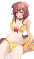 Rule 34 | 1girl, animal ears, arm support, bikini, blush, bone hair ornament, braid, breasts, brown eyes, brown hair, choker, cleavage, dog ears, dog girl, dog tail, hair ornament, highres, hololive, inugami korone, inugami korone (1st costume), jacket, large breasts, looking at viewer, open mouth, red choker, shuuzo3, simple background, sitting, smile, solo, swimsuit, tail, twin braids, virtual youtuber, white background, yellow bikini, yellow jacket