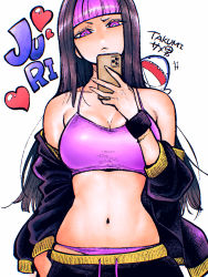 Rule 34 | 1girl, alternate hair length, alternate hairstyle, black hair, black jacket, black pants, breasts, camisole, casual, cellphone, character name, cleavage, drawstring, han juri, hand in pocket, head tilt, highres, holding, holding phone, jacket, linea alba, long hair, medium breasts, multicolored hair, navel, off shoulder, open clothes, open jacket, panties, pants, pantyshot, phone, pink camisole, pink eyes, pink hair, pink panties, selfie, smartphone, solo, spaghetti strap, straight hair, street fighter, street fighter v, stuffed animal, stuffed shark, stuffed toy, takumi watanuki, toned, track jacket, track pants, track suit, two-tone hair, underwear