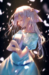 Rule 34 | 1girl, absurdres, blue dress, closed eyes, dress, floating hair, goroku, hair ornament, highres, holding, long hair, motion blur, original, parted lips, short sleeves, signature, silver hair, solo, standing