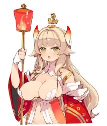Rule 34 | 1girl, :d, blonde hair, breasts, character request, copyright request, gloves, green eyes, highres, holding, holding staff, horns, large breasts, long hair, looking at viewer, mota, navel, open mouth, red sleeves, revealing clothes, simple background, smile, solo, staff, white background, white gloves