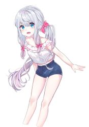 Rule 34 | 1girl, absurdres, bad id, bad pixiv id, bare shoulders, blue eyes, blush, bow, breasts, collarbone, eromanga sensei, feet out of frame, hair bow, highres, izumi sagiri, long hair, looking at viewer, open mouth, pink bow, short sleeves, shorts, silver hair, simple background, small breasts, solo, standing, urim (paintur), white background