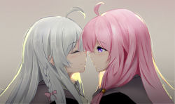 Rule 34 | 2girls, asymmetrical bangs, blue eyes, blush, broom, closed eyes, closed mouth, elaina (majo no tabitabi), grey hair, hair between eyes, hair ornament, highres, imminent kiss, looking at another, majo no tabitabi, multiple girls, out of frame, robe, selfcest, simple background, symeimari aya, witch, yuri