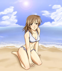 Rule 34 | 1girl, barefoot, beach, bikini, blush, breasts, brown eyes, brown hair, capcom, cleavage, cloud, cyan (pixiv2086976), devil may cry, devil may cry (series), devil may cry 4, feet, female focus, full body, happy, kyrie (devil may cry), long hair, outdoors, sitting, sky, smile, solo, swimsuit, water