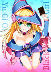 Rule 34 | 1girl, absurdres, bad id, bad pixiv id, bare shoulders, blonde hair, blue footwear, blush, blush stickers, boots, breasts, card, choker, cleavage, dark magician girl, duel monster, girls century, green eyes, hat, highres, large breasts, long hair, pentacle, smile, solo, wizard hat, yu-gi-oh!, yuu-gi-ou, yu-gi-oh! duel monsters
