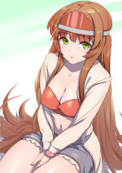 Rule 34 | 1girl, :o, asava (hutaitenn), between legs, bikini, bikini top only, blunt bangs, breasts, brown hair, cleavage, green eyes, hand between legs, hat, helena (kancolle), highres, jacket, kantai collection, long hair, long sleeves, looking at viewer, medium breasts, official alternate costume, open clothes, parted lips, red bikini, simple background, sitting, solo, swimsuit, very long hair, visor cap, white jacket
