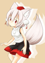 Rule 34 | 1girl, animal ears, bare shoulders, blush, breasts, brown background, elu butyo, hat, highres, inubashiri momiji, looking at viewer, pom pom (clothes), red eyes, short hair, silver hair, simple background, small breasts, solo, tail, tokin hat, touhou, wolf ears, wolf tail