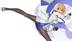 Rule 34 | 1girl, :d, absurdres, archetype earth, arcueid brunestud, black gloves, black pantyhose, blonde hair, blue dress, breasts, cleavage, detached sleeves, dress, fate/grand order, fate (series), gloves, highres, kicking, kopaka (karda nui), medium breasts, open mouth, pantyhose, red eyes, shoes, short hair, simple background, smile, solo, standing, standing on one leg, tsukihime, two-tone dress, white background, white dress, white footwear, white sleeves