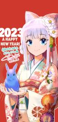 Rule 34 | 1girl, 2023, absurdres, animal, blue eyes, bow, bracelet, chinese zodiac, flower, hair bow, hair flower, hair ornament, happy new year, highres, holding, holding animal, japanese clothes, jewelry, kenja no deshi wo nanoru kenja, kimono, looking at viewer, mira (kendeshi), new year, rabbit, signature, smile, suemitsu dicca, translation request, year of the rabbit