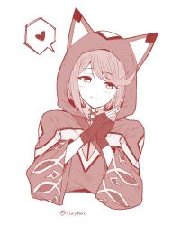 Rule 34 | 1girl, animal ears, animal hood, blush, breasts, cat ears, closed mouth, disguised pyra (xenoblade), fingerless gloves, gloves, heart, highres, hood, hoodie, long sleeves, looking at viewer, mochimochi (xseynao), own hands together, pyra (xenoblade), smile, solo, xenoblade chronicles (series), xenoblade chronicles 2