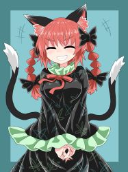 Rule 34 | 1girl, animal ears, black bow, black dress, black tail, blue background, bow, braid, cat ears, cat tail, chups, closed eyes, dress, extra ears, fingernails, frilled dress, frilled shirt collar, frilled sleeves, frills, hair bow, highres, kaenbyou rin, laughing, long fingernails, long sleeves, multiple tails, nail polish, nekomata, open mouth, red hair, red nails, red neckwear, short hair, simple background, smile, solo, tail, teeth, touhou, twin braids, two tails, v arms, wide sleeves