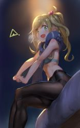 Rule 34 | 1girl, bra, breasts, ecens, fang, green eyes, hair ornament, highres, inuyama aoi, large breasts, long hair, open mouth, panties, panties under pantyhose, pantyhose, scarf, side ponytail, sitting, skin fang, solo, thick eyebrows, underwear, yurucamp