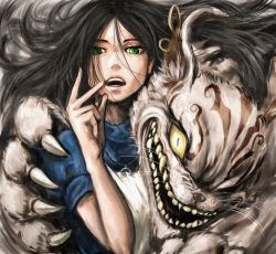 Rule 34 | 1boy, 1girl, alice: madness returns, alice (alice in wonderland), alice in wonderland, alice liddell (american mcgee&#039;s alice), american mcgee&#039;s alice, animal, animal ears, black hair, cat, cat ears, ceramic man, cheshire cat (alice in wonderland), claws, fur, green eyes, grin, highres, jewelry, necklace, open mouth, smile, teeth, yellow eyes