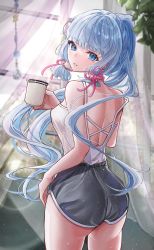 Rule 34 | 1girl, alternate costume, ass, ayaka (genshin impact), backless outfit, black shorts, blue eyes, blue hair, blunt bangs, breasts, camisole, cup, curtains, genshin impact, hair ribbon, highres, holding, holding cup, light blue hair, long hair, looking at viewer, looking back, medium breasts, minausa, mole, mole under eye, parted lips, ponytail, ribbon, short shorts, shorts, sideboob, sleeveless, solo, tress ribbon, white camisole, window