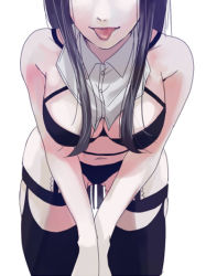 Rule 34 | 1girl, bad id, bad pixiv id, black bra, black hair, black panties, black thighhighs, bra, breasts, cleavage, cowboy shot, detached collar, garter straps, head out of frame, junka-sakura, leaning forward, lingerie, long hair, lowres, panties, solo, thighhighs, tongue, tongue out, underwear, underwear only, v arms