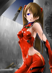 Rule 34 | 1girl, artist request, blue eyes, bodysuit, breasts, brown hair, cowboy shot, curvy, hair between eyes, hair over one eye, highres, lips, long hair, medium breasts, neon genesis evangelion, plugsuit, red bodysuit, shiny clothes, simple background, sky, smile, solo, souryuu asuka langley, torn bodysuit, torn clothes, turtleneck, two side up, white background, wide hips