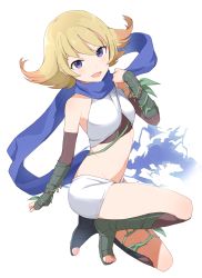 Rule 34 | 1girl, :d, absurdres, blonde hair, blue neckwear, buchi (y0u0ri ), phosphora, female focus, highres, kid icarus, kid icarus uprising, midriff, multicolored hair, navel, nintendo, open mouth, pointy hair, sandals, scarf, shorts, simple background, smile, solo, white background